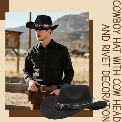 Cowboy Hat with Bull Head Rivet Belt Decoration - Boniskiss