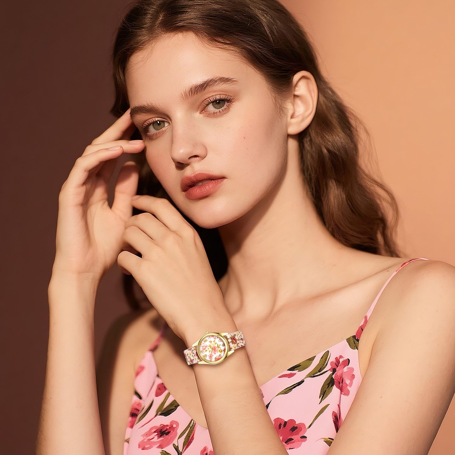 Boniskiss Slim Boho Flower Painting Wrist Watch - Floral Dial PU Band Analog Quartz Wrist Watch