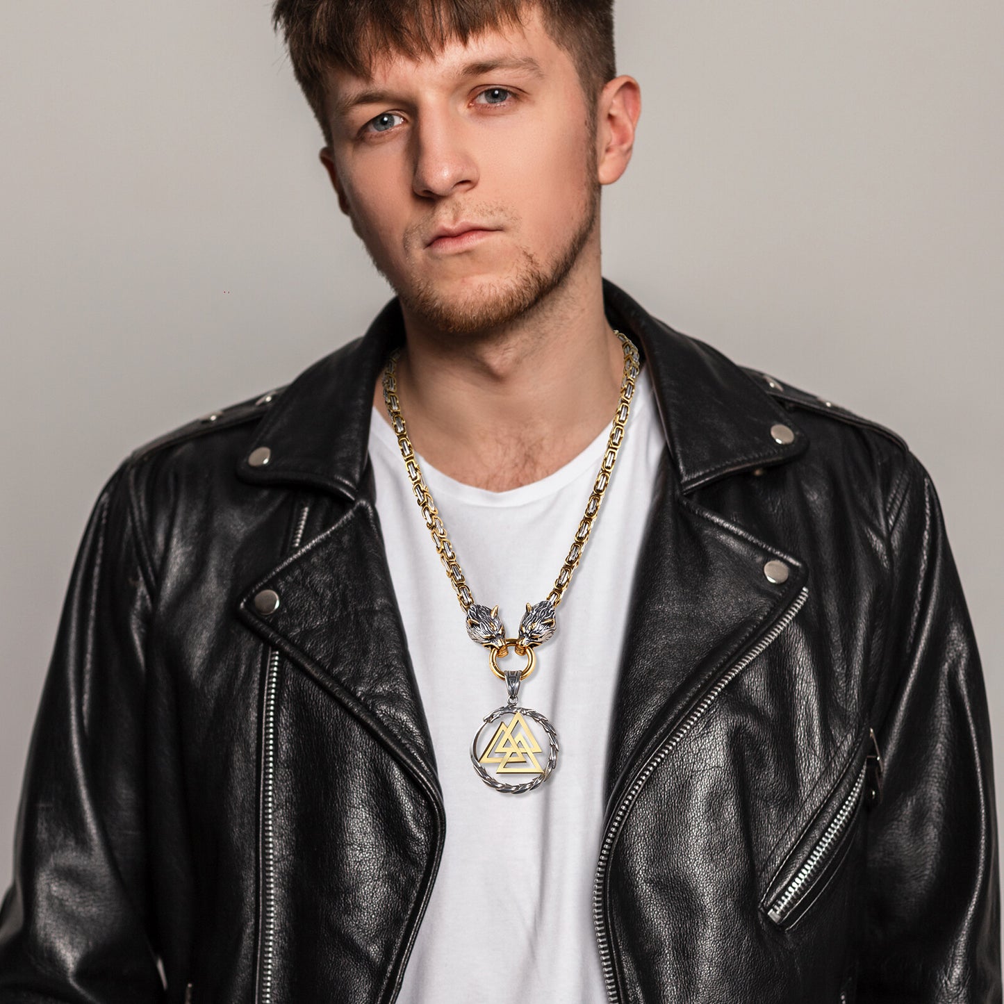 Boniskiss Men's Stainless Steel Vintage Viking Wolf Head Snake Rune Dangle Amulet Necklace