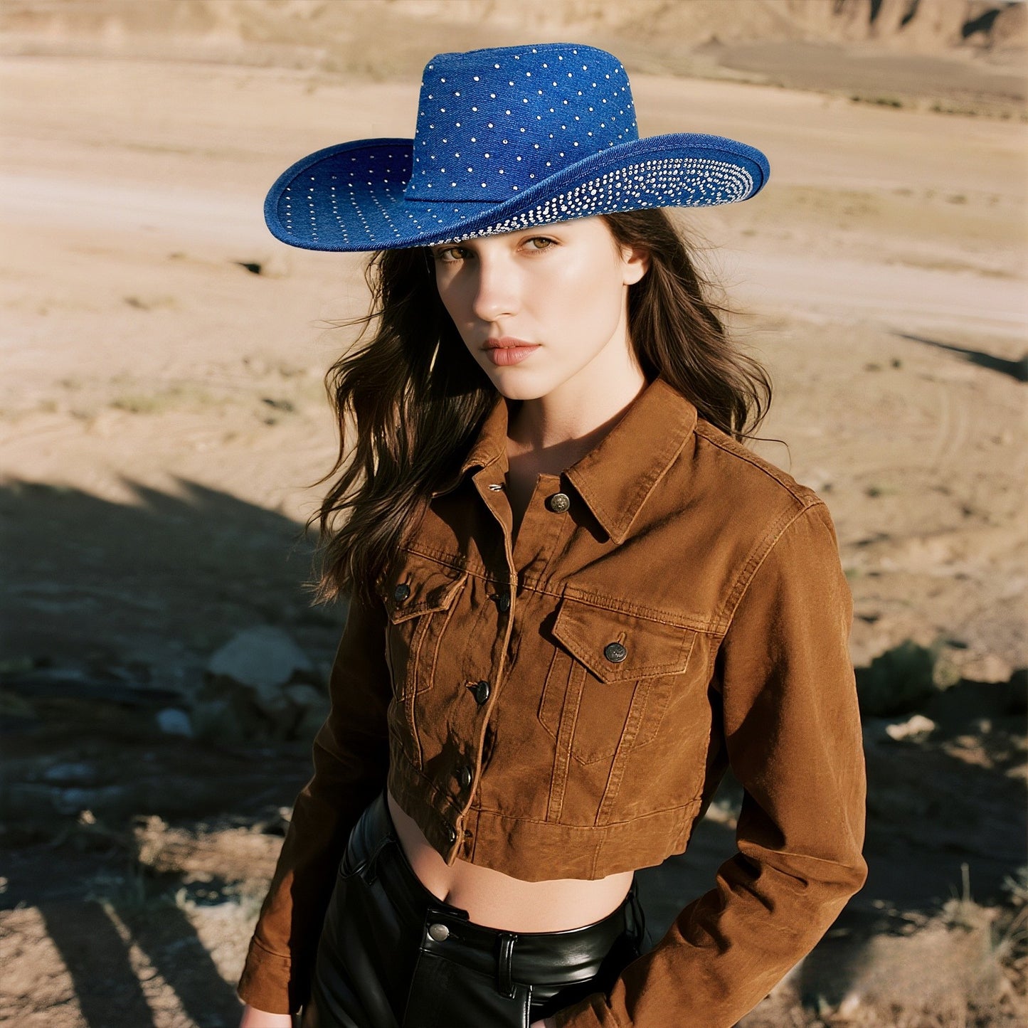 Rhinestone Curved Wide Brim Cowgirl Hat | Size M-L - Boniskiss