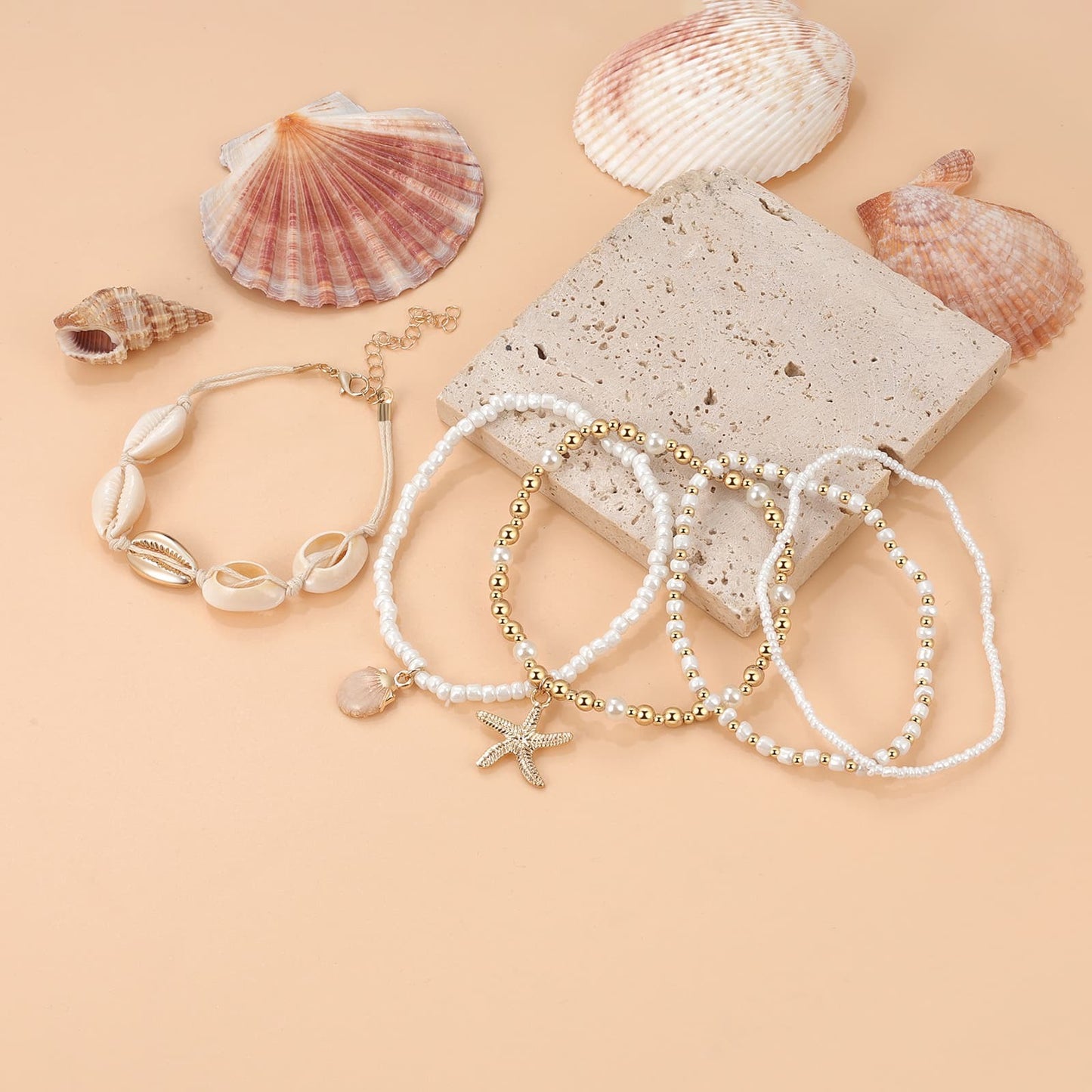 Boniskiss Bohemian Shell Anklets Set - Marine Life Anklets for Holiday Seaside Pool Party
