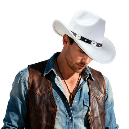 Western Cowboy Hat with Metal Decorative Band Wide Brim Styling Hat - Boniskiss