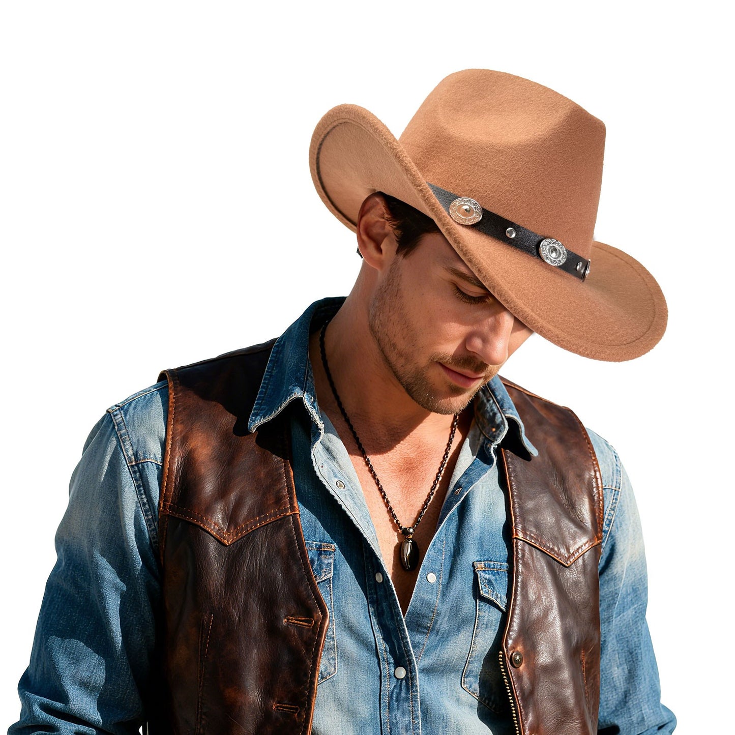 Western Cowboy Hat with Metal Decorative Band Wide Brim Styling Hat - Boniskiss