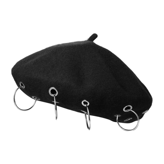 Boniskiss Punk Rock Beret Cap Ring Decor Womens Novelty Street Style