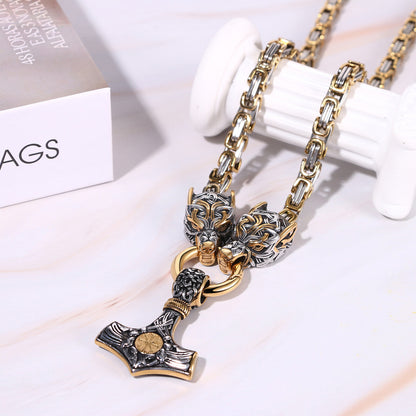 Mens Retro Viking Wolf Head Thor's Hammer Dangle Amulet Byzantine Chain Necklace