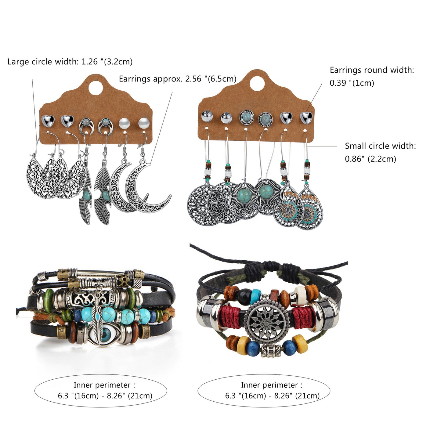 Conjunto de aretes y pulseras bohemias vintage de Boniskiss: pulsera bohemia con gancho y colgante