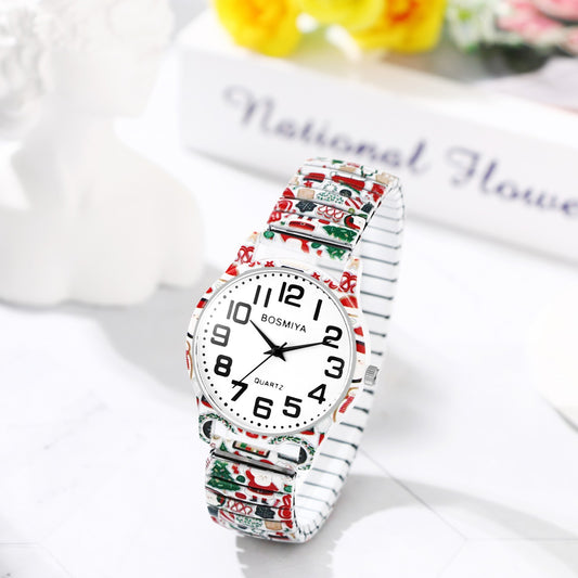 Boniskiss "Santa Claus" Women's Boho Printed Elastic Band Wrist Watch