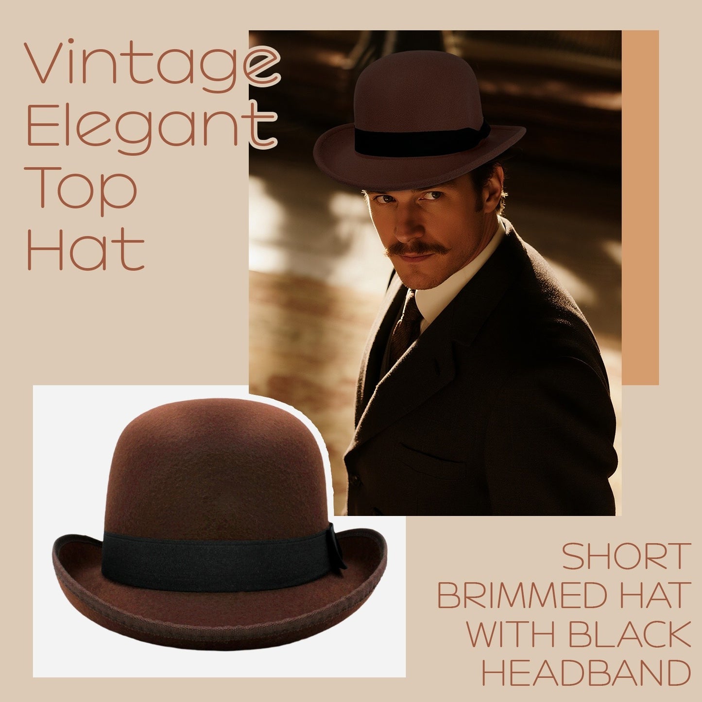 Vintage Elegant Bowler Dome Hat Retro Short Brim Fedora Hat with Hatband - Boniskiss