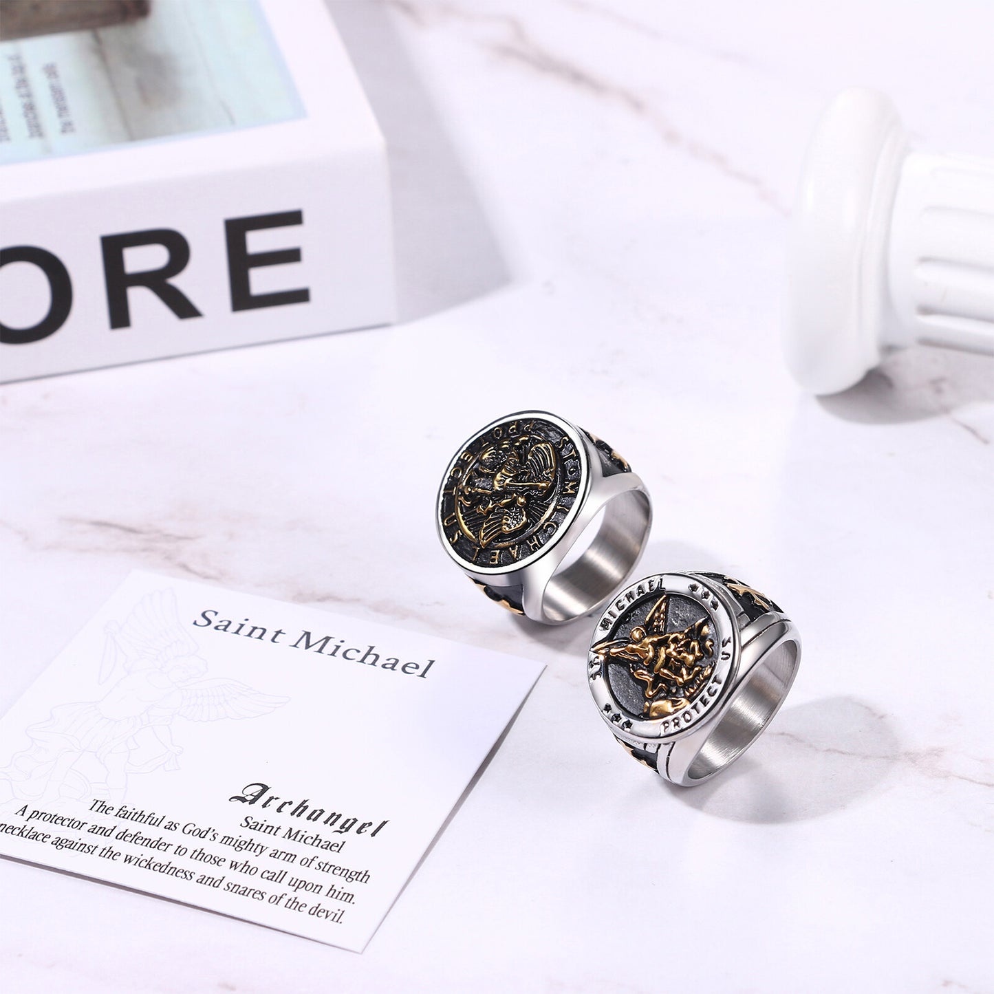 Boniskiss Michael Angel Ring for Men - Religious Amulet Signet Stainless Steel Band Ring