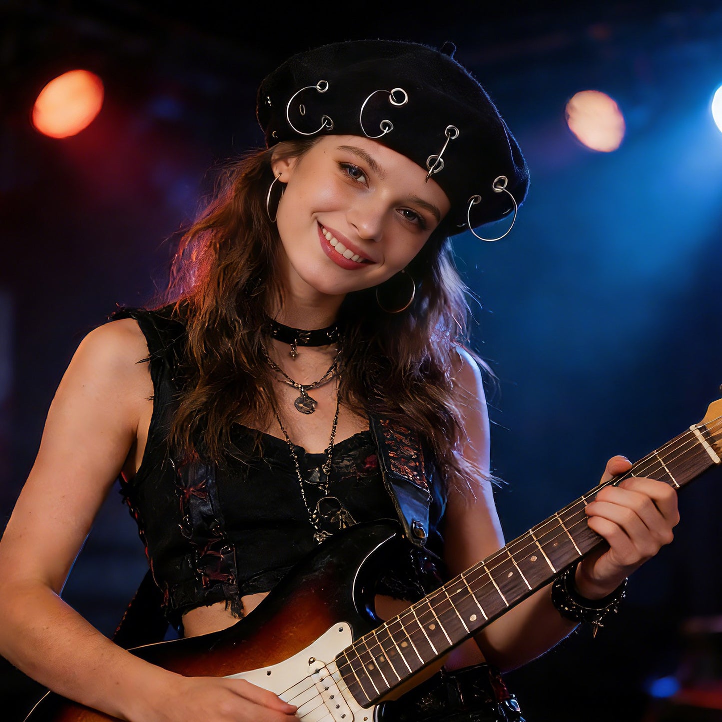 Boniskiss Punk Rock Beret Cap Ring Decor Womens Novelty Street Style