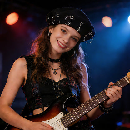 Boniskiss Punk Rock Beret Cap Ring Decor Womens Novelty Street Style