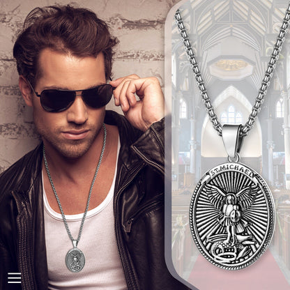 Boniskiss Christian Shield Medal Necklace - Saint Michael Angel Religious Amulet Pendant Necklace for Men