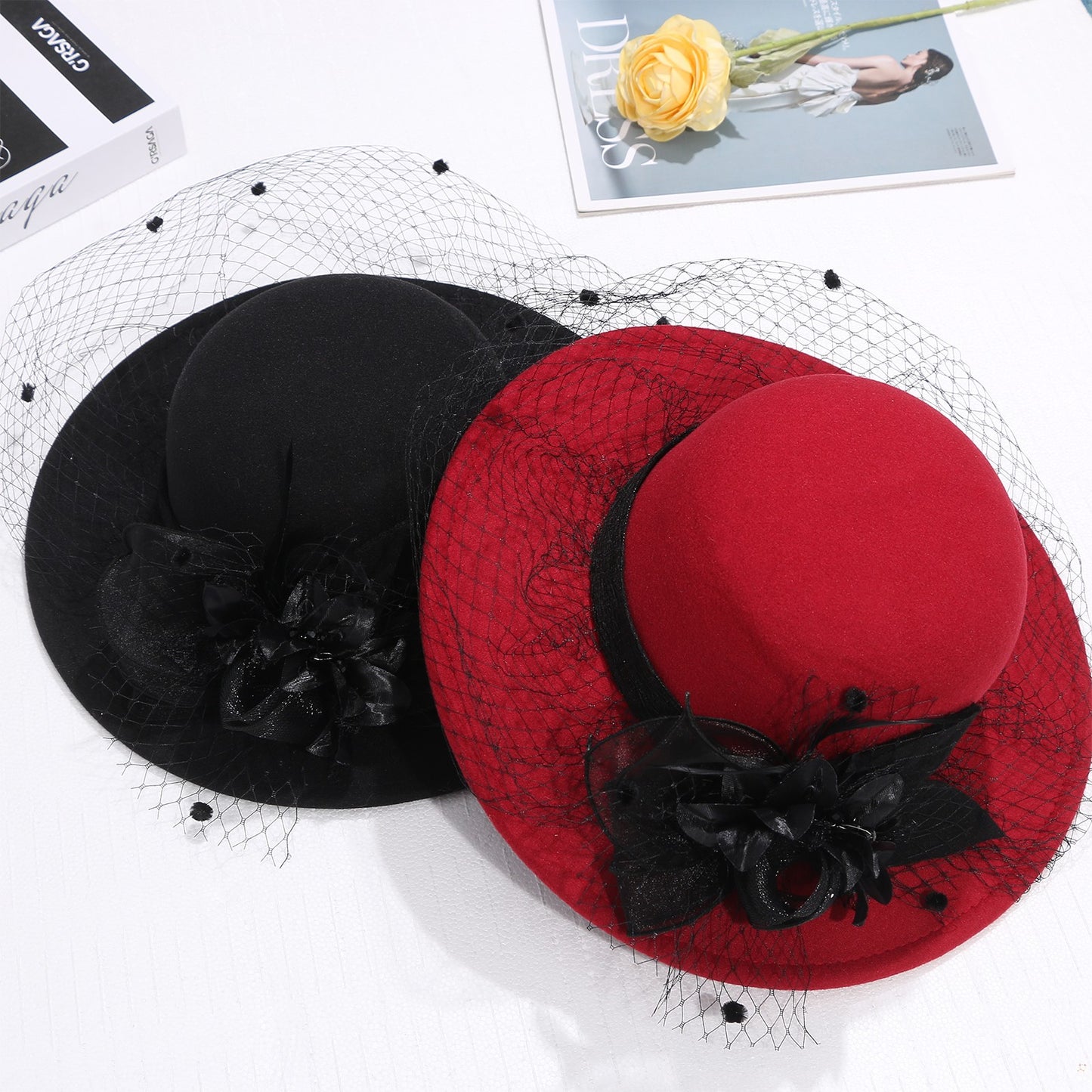 Cloche Veiled Church Felt Hat with Flower Decoration - Boniskiss