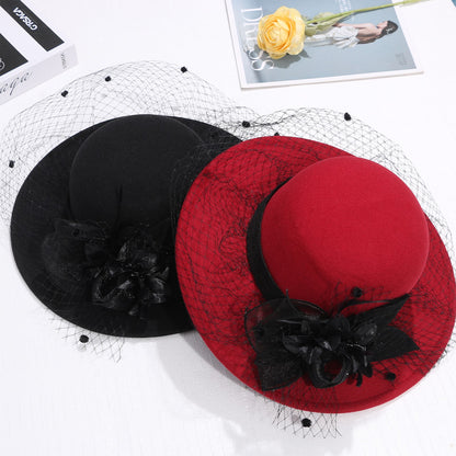 Cloche Veiled Church Felt Hat with Flower Decoration - Boniskiss