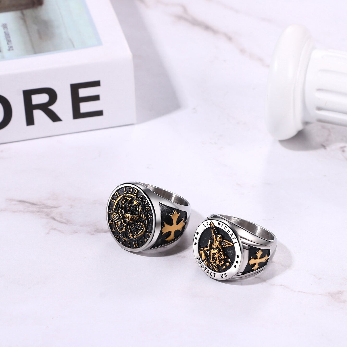 Boniskiss Michael Angel Ring for Men - Religious Amulet Signet Stainless Steel Band Ring