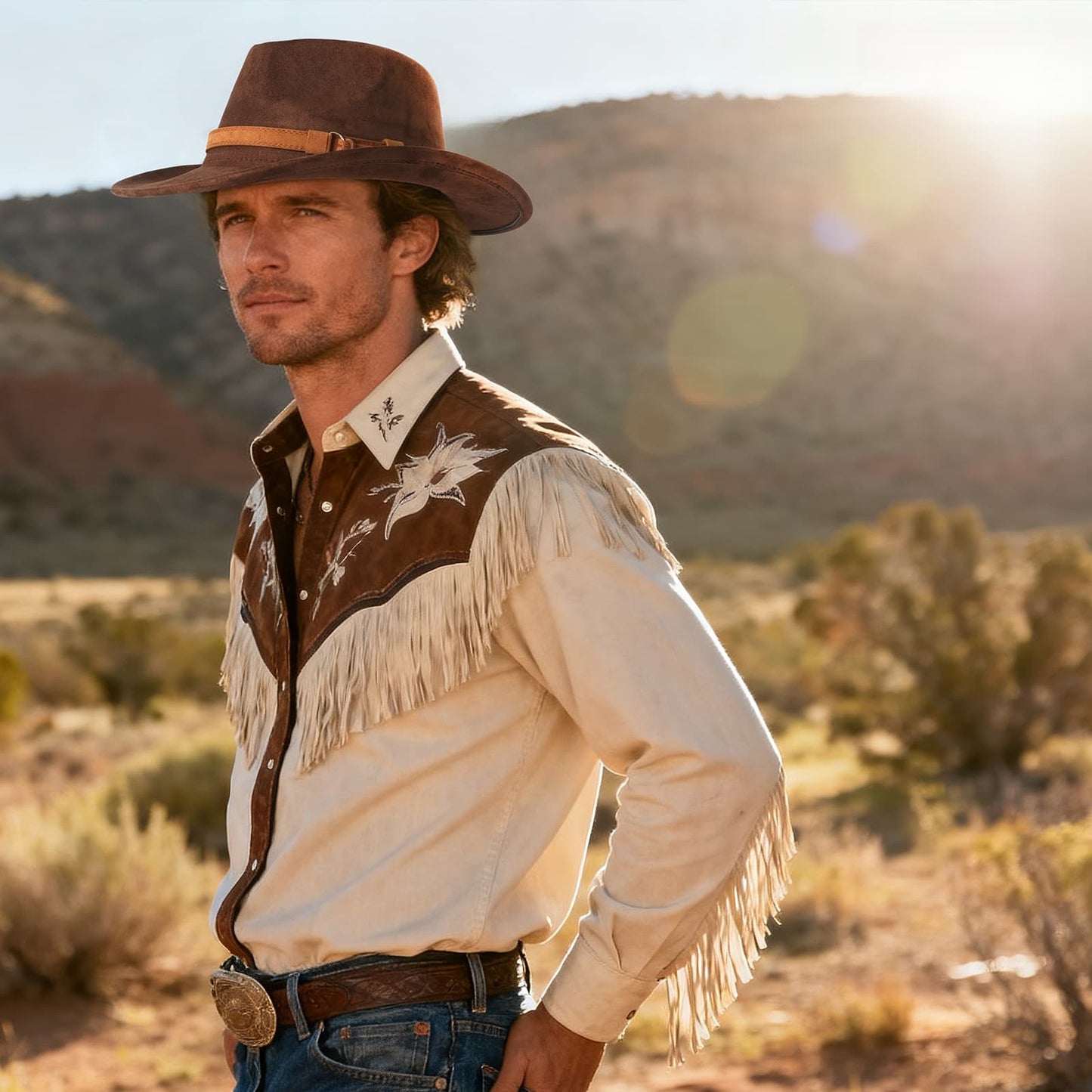 Chapeau de cowboy rétro western en laine à larges bords - Boniskiss