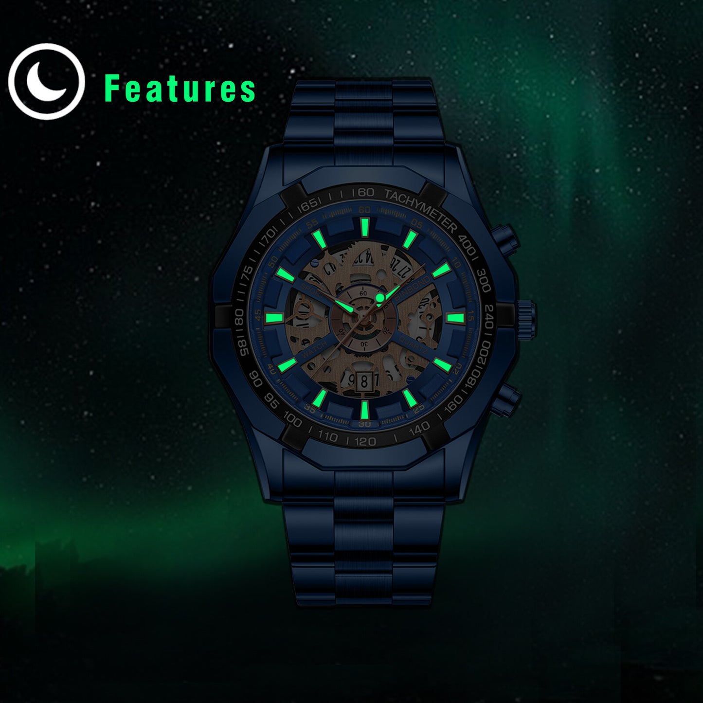 Montre squelette étanche pour homme en acier inoxydable, montre-bracelet à quartz de luxe - Boniskiss