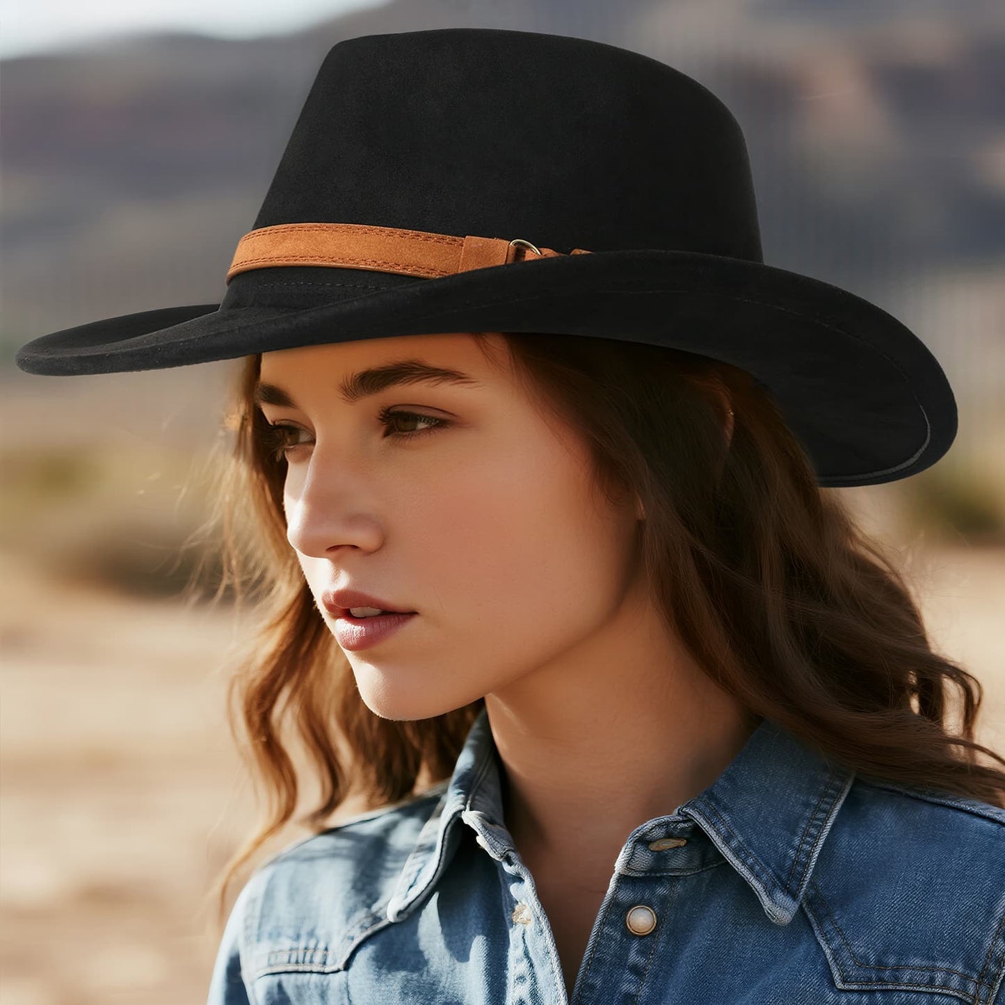 Chapeau de cowboy rétro western en laine à larges bords - Boniskiss