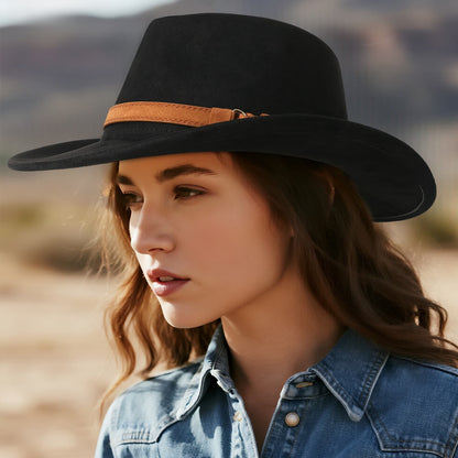 Chapeau de cowboy rétro western en laine à larges bords - Boniskiss