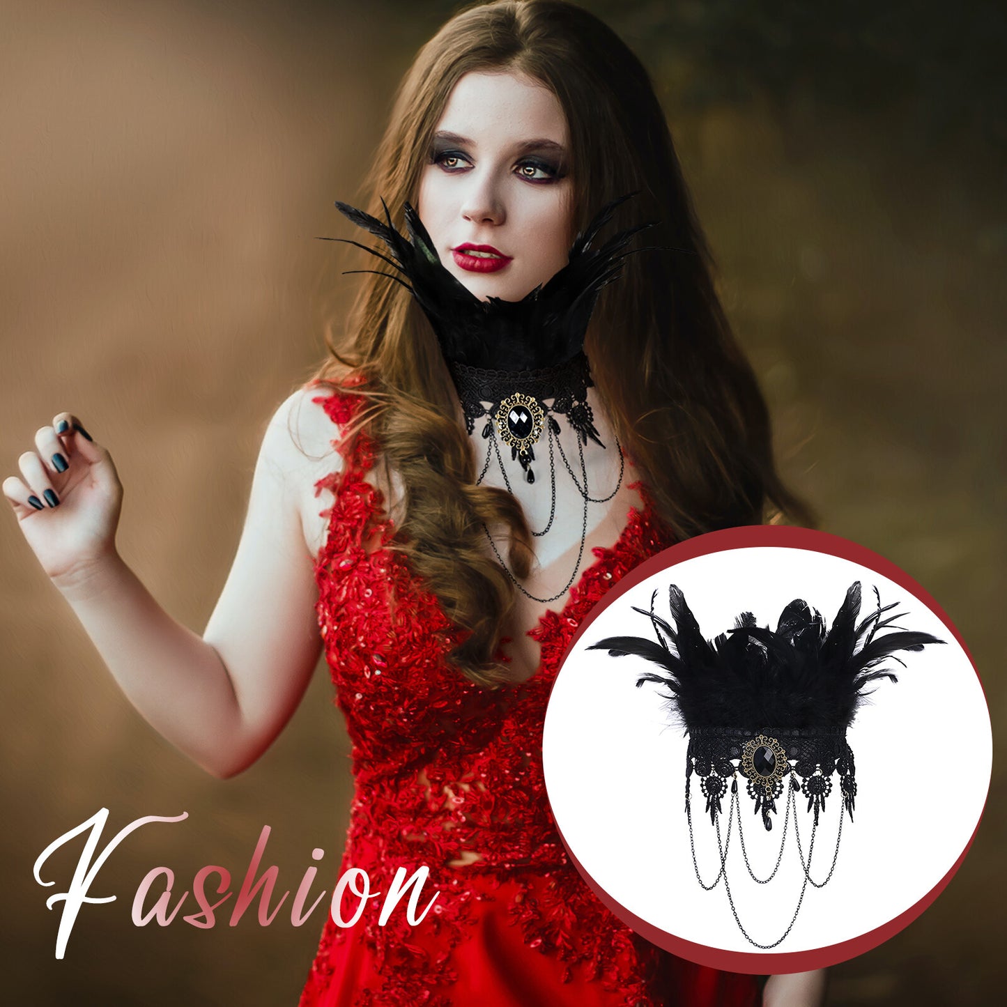 Boniskiss Women's Halloween Masquerade Gothic Lace Feather Tassels Leather Necklace Bracelet