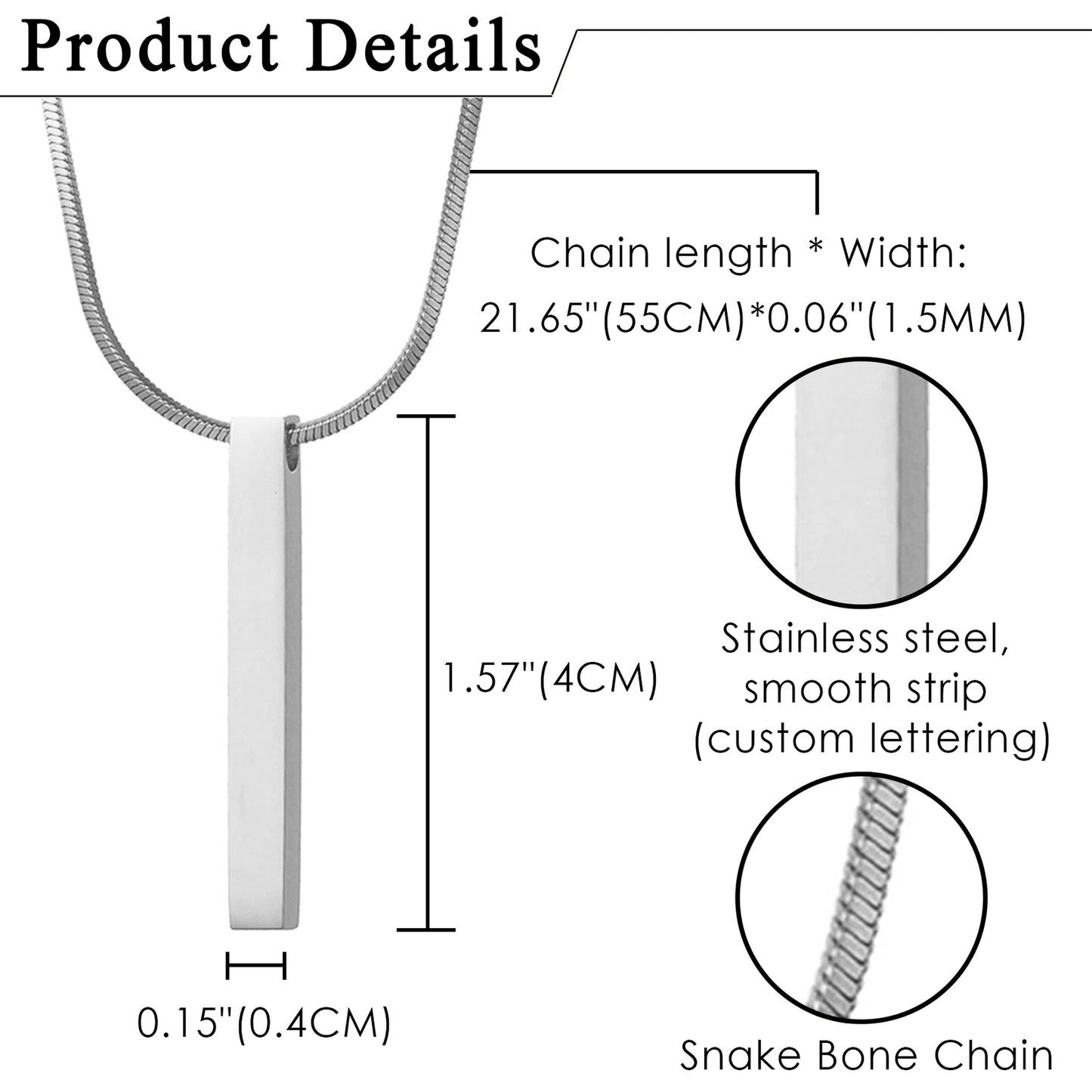 Customized Stainless Steel Bar Pendant Necklace - Boniskiss