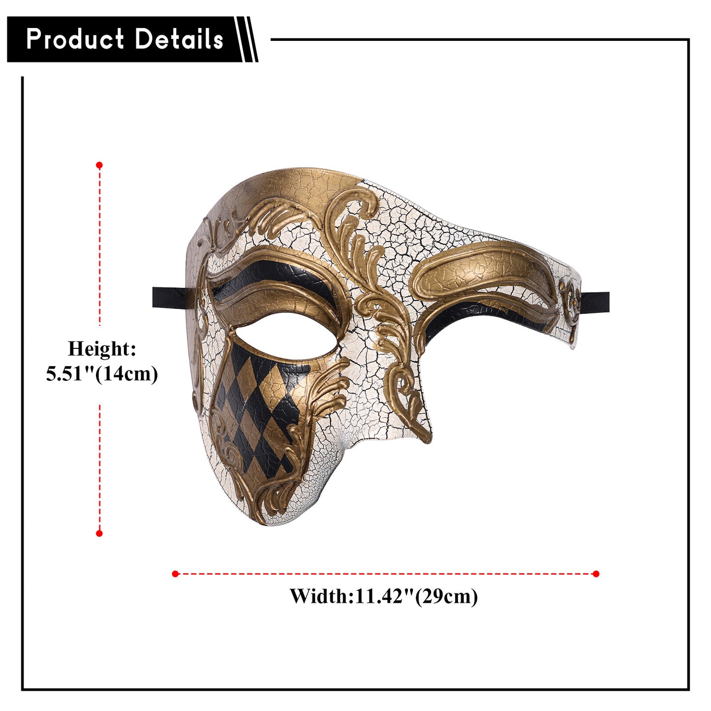 Boniskiss Men's Acanthus Checkerboard Pattern Mask - Venetian Phantom of the Opera Costume Half Face Mask for Masquerade & Ball
