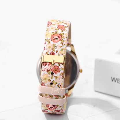 Boniskiss Slim Boho Flower Painting Wrist Watch - Floral Dial PU Band Analog Quartz Wrist Watch
