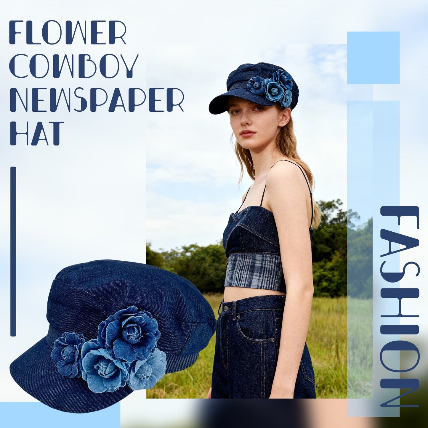 Boniskiss Womens Floral Denim Newsboy Cap Handmade Flower Decor Hat