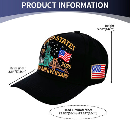 250th Anniversary of America Baseball Cap Statue of Liberty American Flag Hat | Size L-XL - Boniskiss