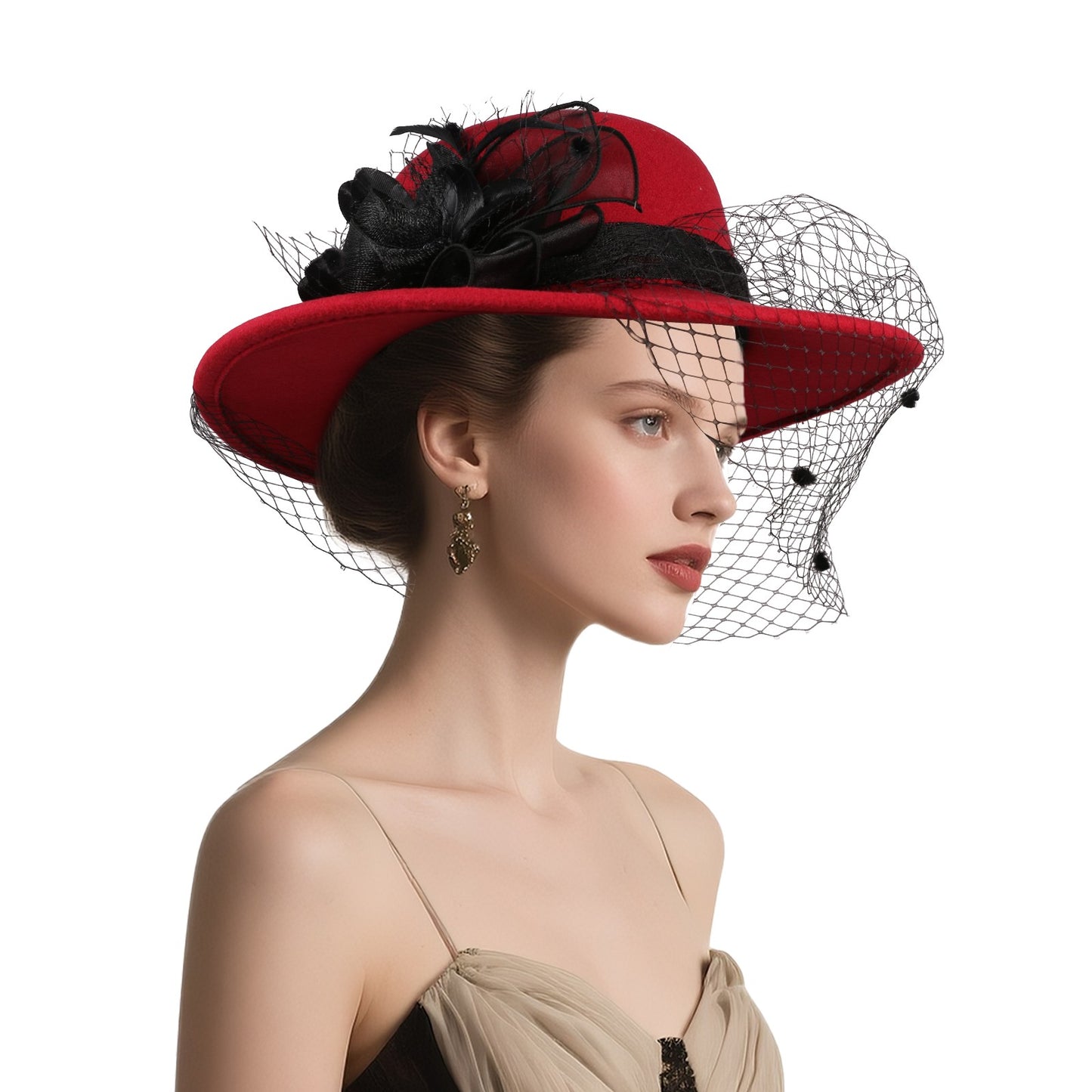 Cloche Veiled Church Felt Hat with Flower Decoration - Boniskiss