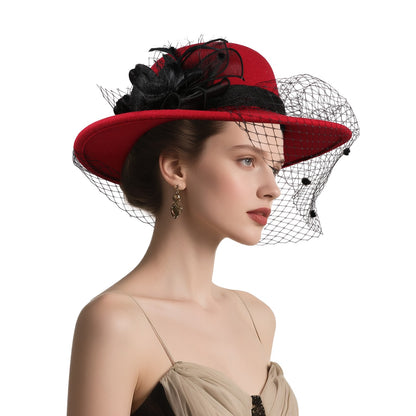 Cloche Veiled Church Felt Hat with Flower Decoration - Boniskiss