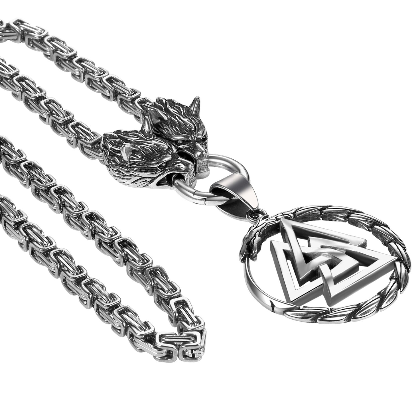 Boniskiss Men's Stainless Steel Vintage Viking Wolf Head Snake Rune Dangle Amulet Necklace