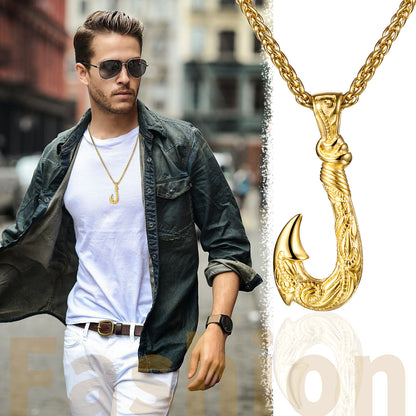 Boniskiss Men's Stainless Steel Lucky Fish Hook 3D Wave Pattern Casting Dangle Necklace Gift