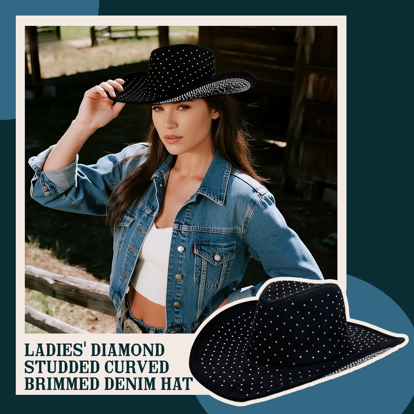 Rhinestone Curved Wide Brim Cowgirl Hat | Size M-L - Boniskiss