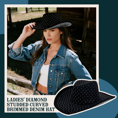 Rhinestone Curved Wide Brim Cowgirl Hat | Size M-L - Boniskiss