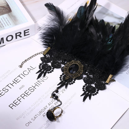 Boniskiss Women's Halloween Masquerade Gothic Lace Feather Tassels Leather Necklace Bracelet