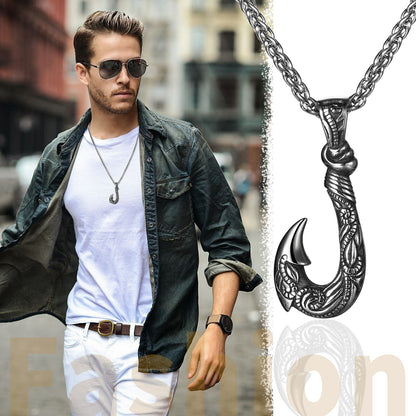 Boniskiss Men's Stainless Steel Lucky Fish Hook 3D Wave Pattern Casting Dangle Necklace Gift