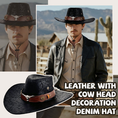 Cowboy Hat with Bull Head Decor Western Wide Brim Hat - Boniskiss