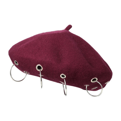 Boniskiss Punk Rock Beret Cap Ring Decor Womens Novelty Street Style