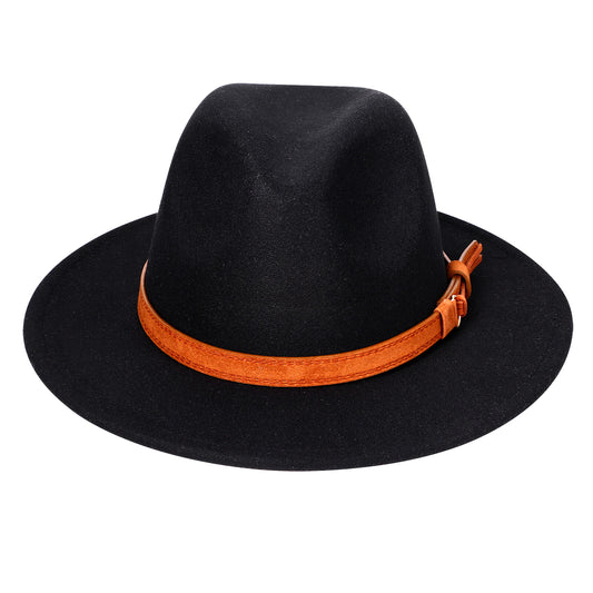 Black Classic Fedora Trilby Panama Hat with Orange Belt | SIze M-L - Boniskiss