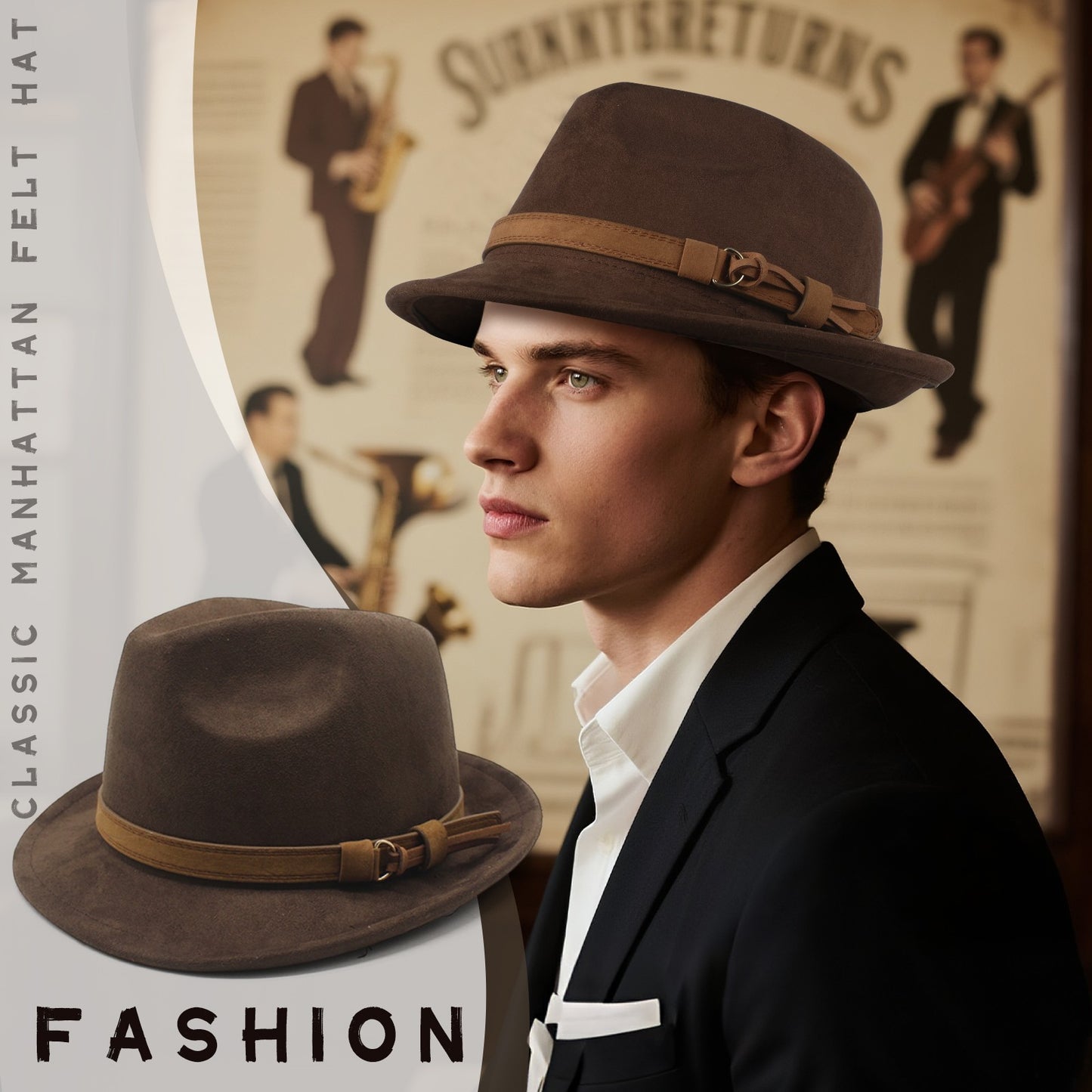 Classic Manhattan Felt Mafia Hat with Belt - Boniskiss