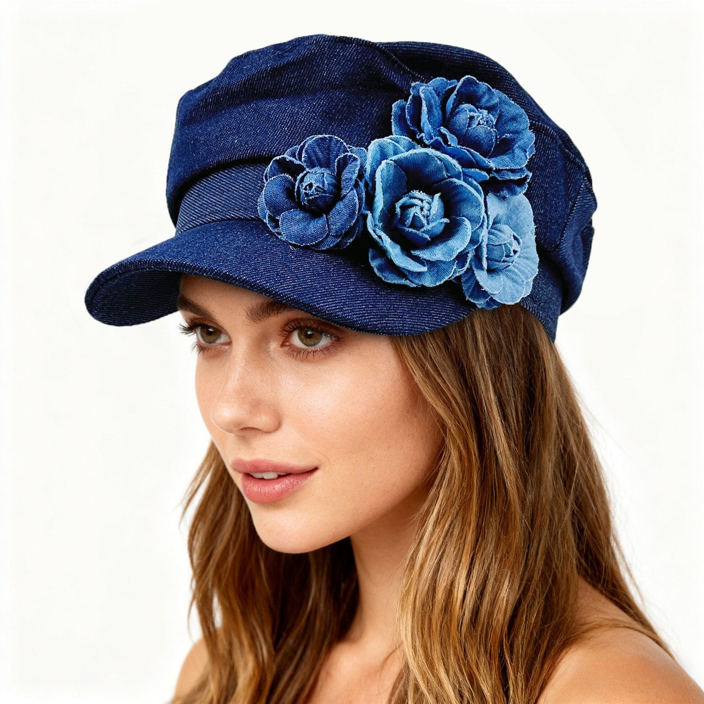 Boniskiss Womens Floral Denim Newsboy Cap Handmade Flower Decor Hat
