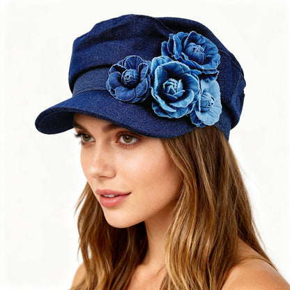 Boniskiss Womens Floral Denim Newsboy Cap Handmade Flower Decor Hat