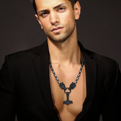 Mens Retro Viking Wolf Head Thor's Hammer Dangle Amulet Byzantine Chain Necklace