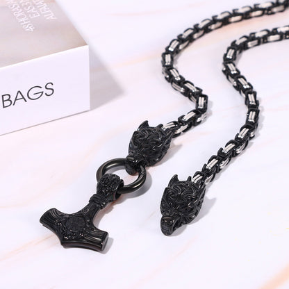 Mens Retro Viking Wolf Head Thor's Hammer Dangle Amulet Byzantine Chain Necklace