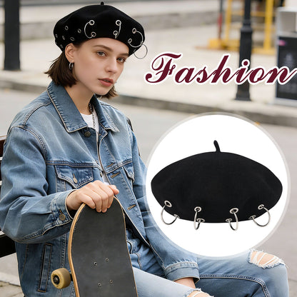 Boniskiss Punk Rock Beret Cap Ring Decor Womens Novelty Street Style