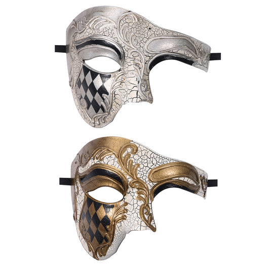 Boniskiss Men's Acanthus Checkerboard Pattern Mask - Venetian Phantom of the Opera Costume Half Face Mask for Masquerade & Ball