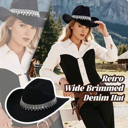 Retro Wide Brim Cowboy Hat with Rhinestone Chain Sparkly Western Hat - Boniskiss