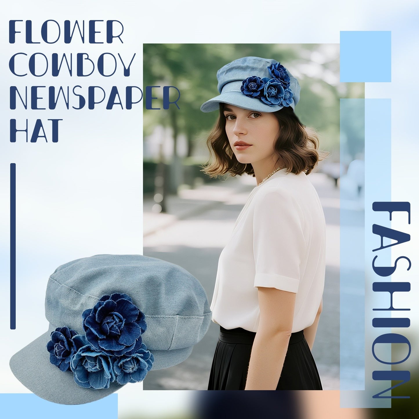 Boniskiss Womens Floral Denim Newsboy Cap Handmade Flower Decor Hat