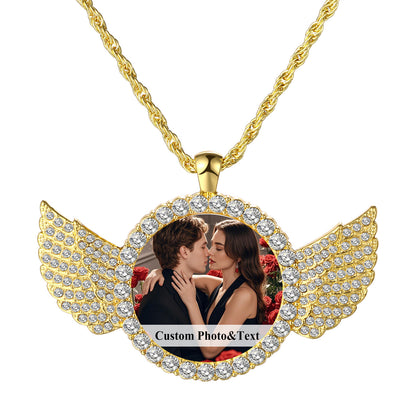 Personalized Photo Shiny CZ Angel Wings Custom Picture Chain Necklace - Boniskiss